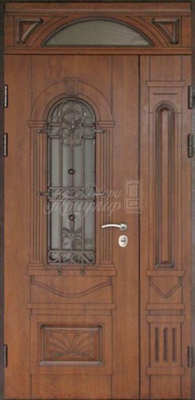 Двустворчатая дверь МДФ со стеклом и ковкой №474 для коттеджа